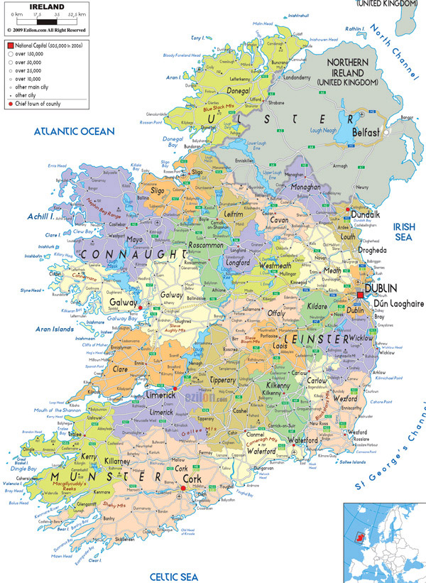 Large detailed political and administrative map of Ireland with all cities, roads and airports.