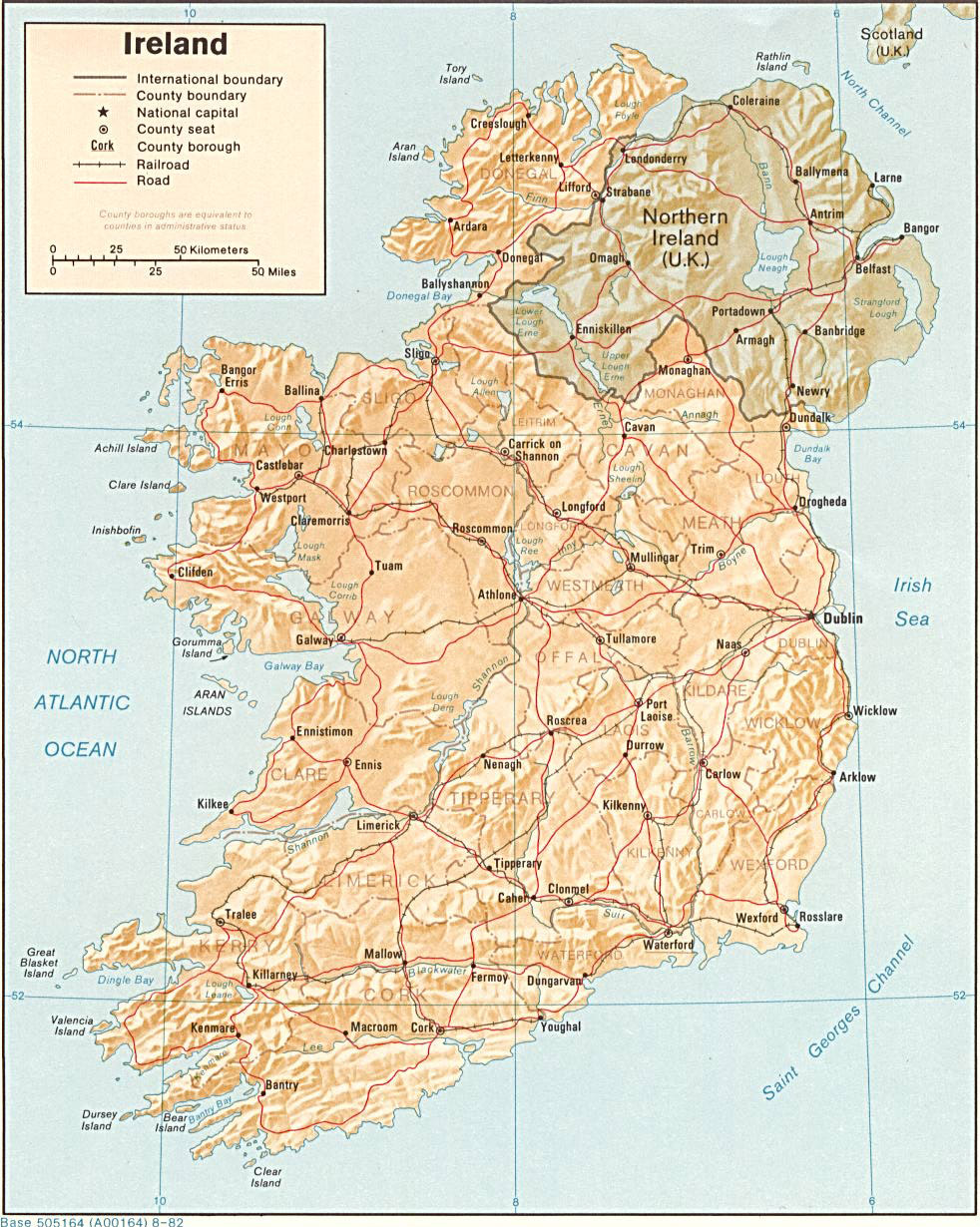 Large detailed relief and political map of Ireland with roads and