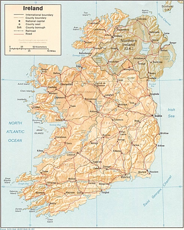 Large detailed relief and political map of Ireland with roads and cities.