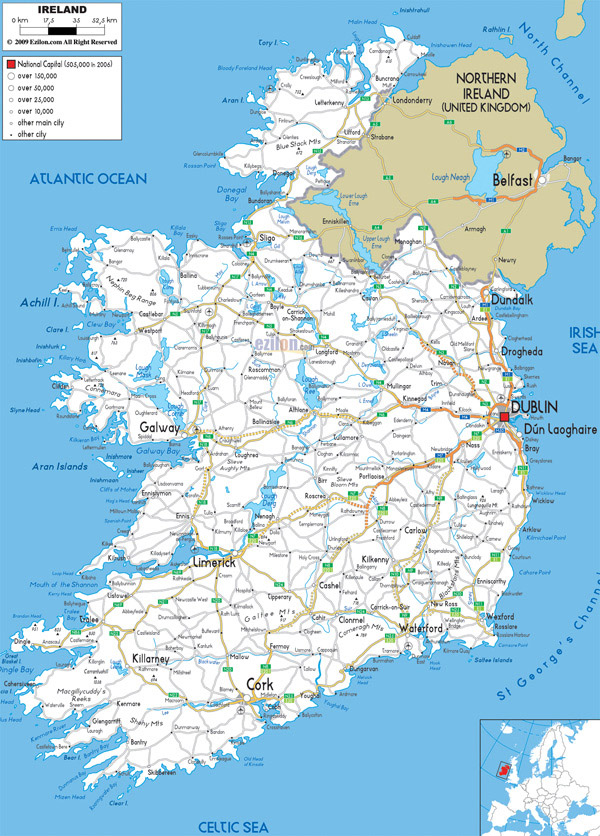 Large detailed road map of Ireland with all cities and airports.