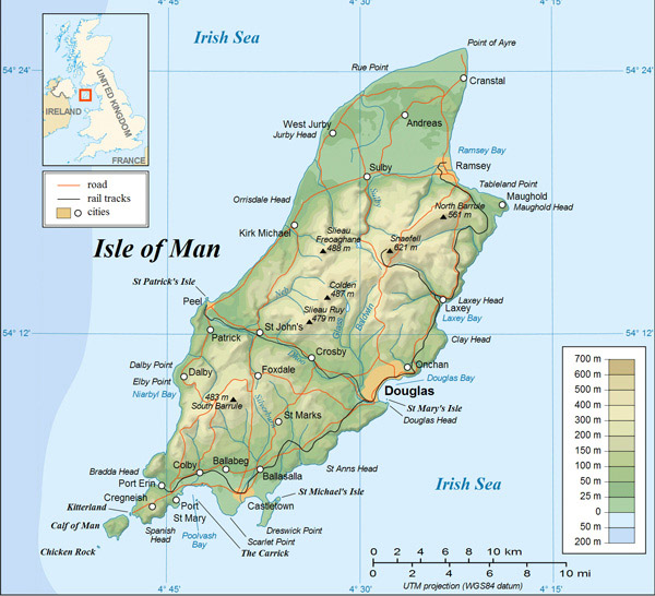 Detailed physical map of Isle of Man.