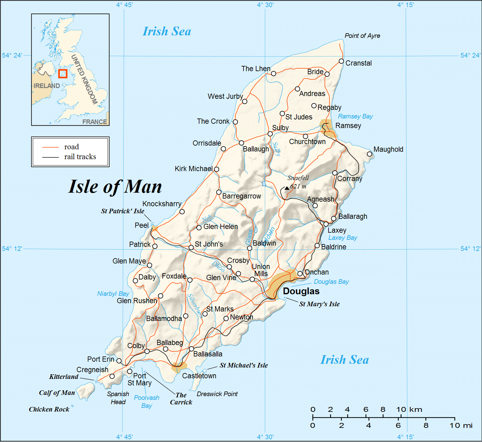 Detailed relief and road map of Isle of Man. Isle of Man detailed