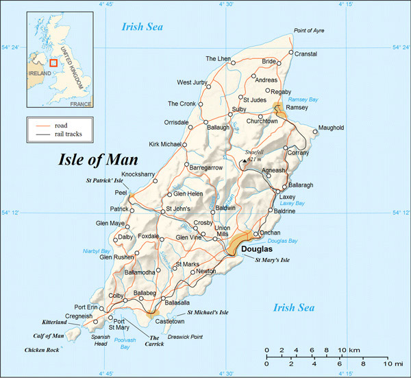 Detailed relief and road map of Isle of Man.