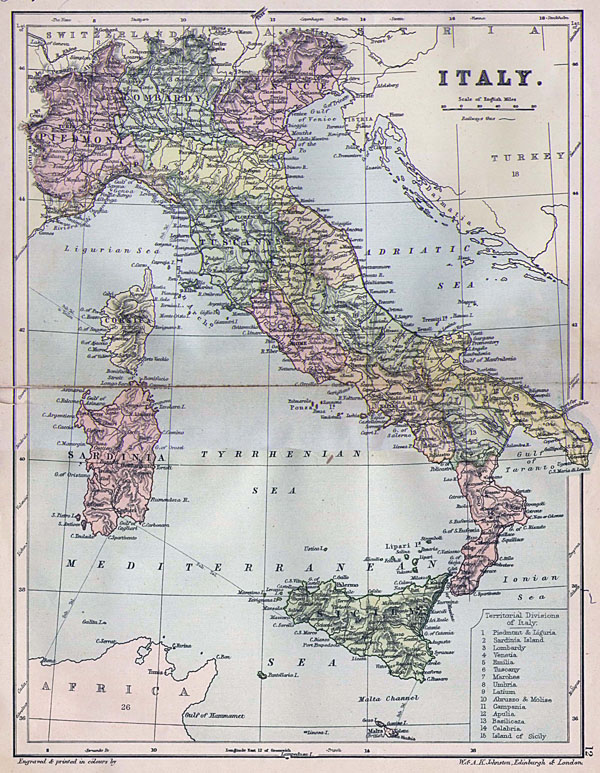 Detailed old political map of Italy - 1882.