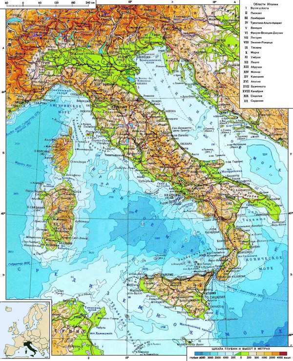 Detailed physical map of Italy. Italy detailed physical map.