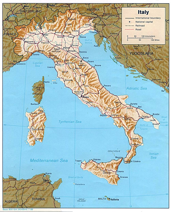 Detailed political map of Italy with relief - 1986.