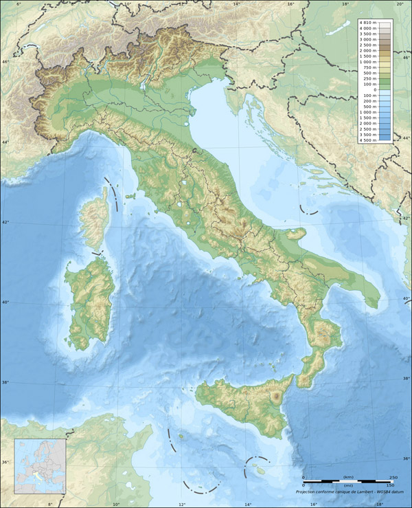 Large detailed physical map of Italy.