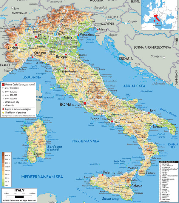 Large detailed physical map of Italy with all cities, roads and airports.