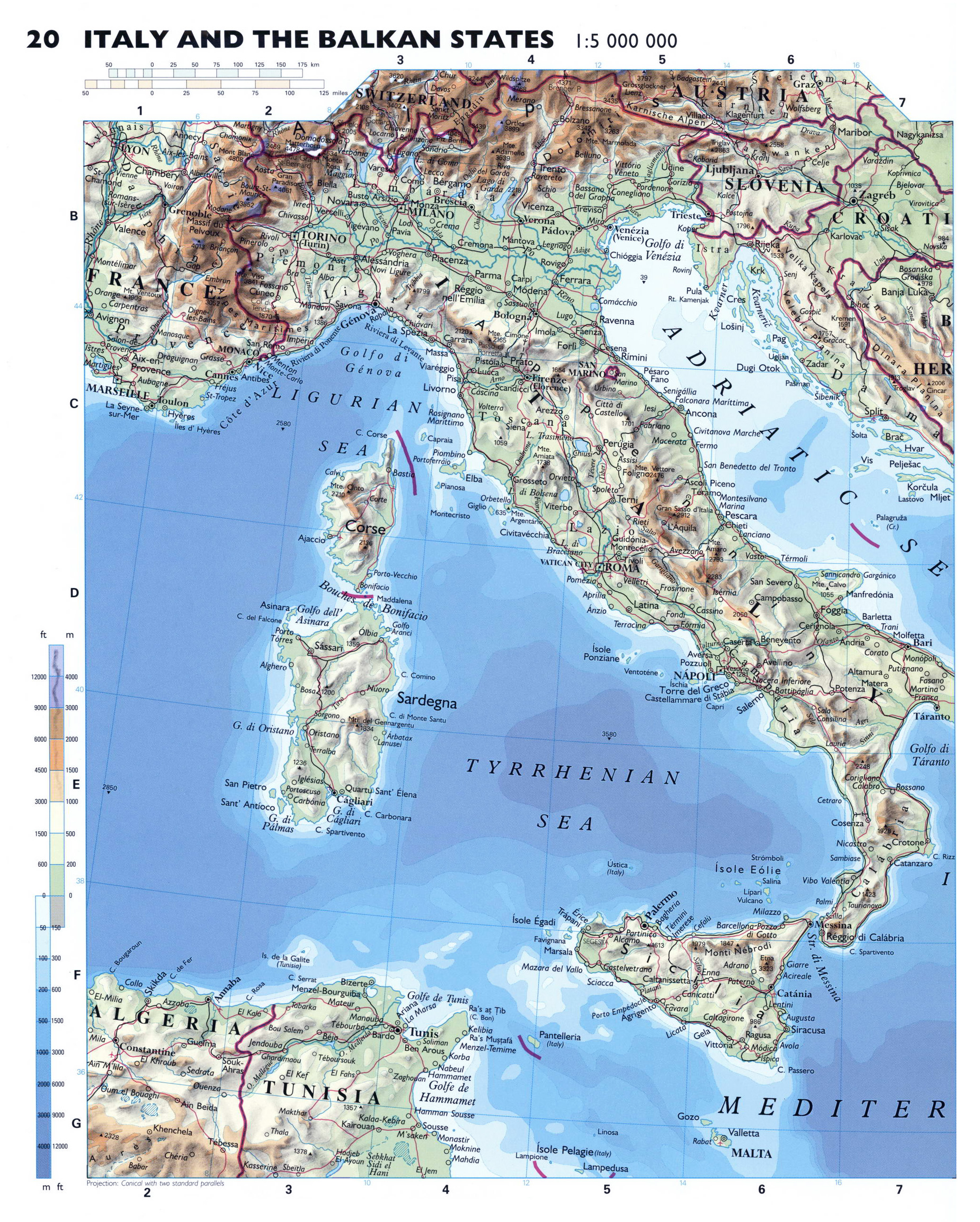 Large detailed physical map of Italy with roads and major cities