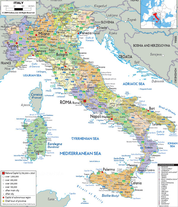 Large detailed political and administrative map of Italy with all cities, roads and airports.