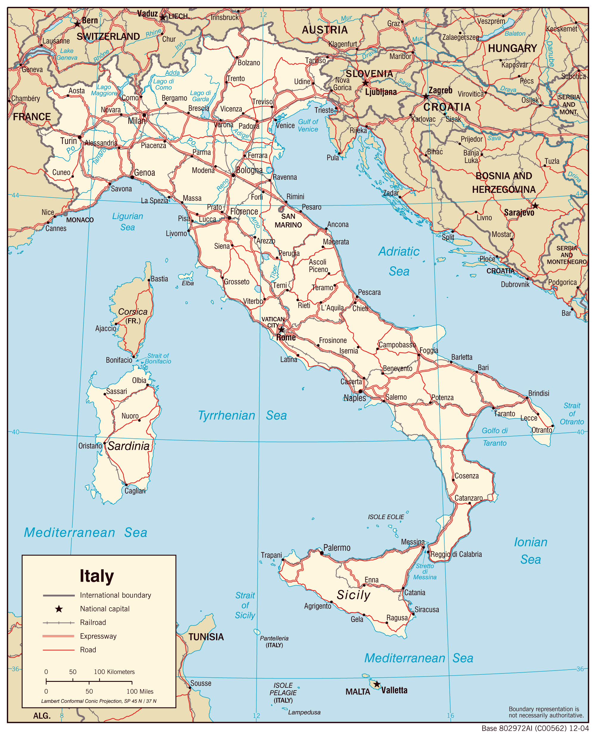Large detailed political map of Italy with roads and major cities
