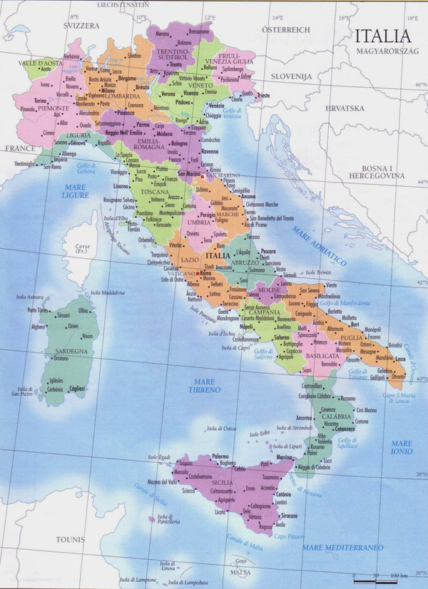 Large detailed regions map of Italy with cities.