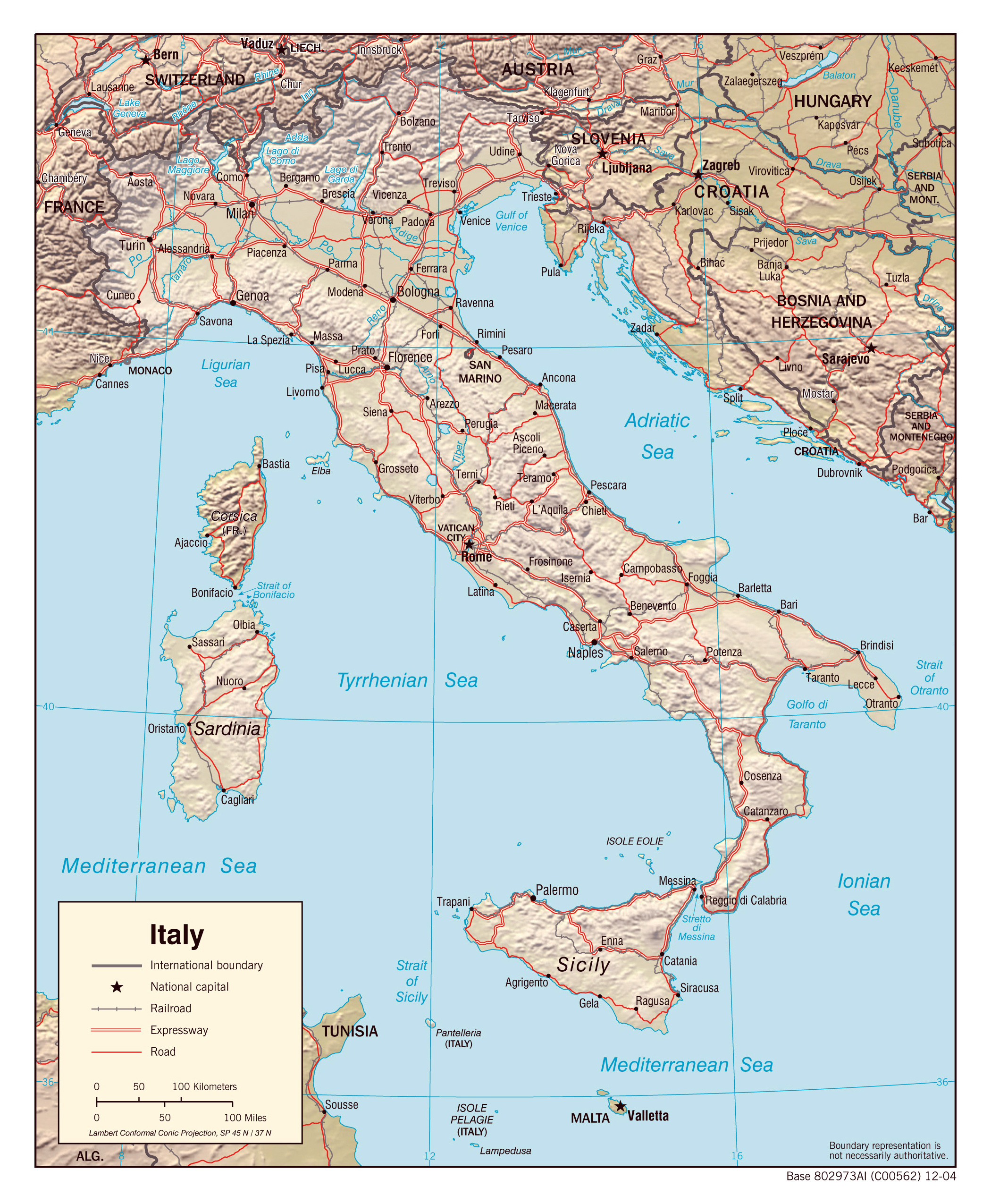 Large detailed relief and political map of Italy with major cities and
