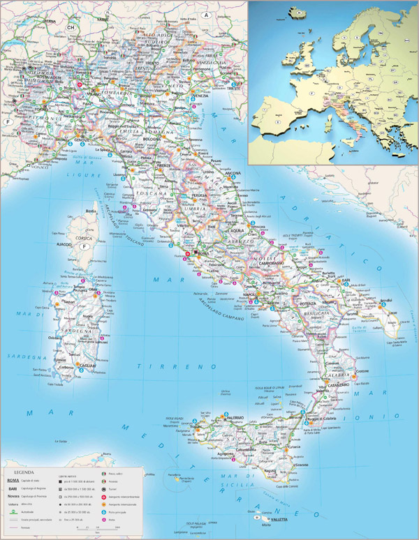 Large detailed relief, political and administrative map of Italy with all cities, roads and airports.
