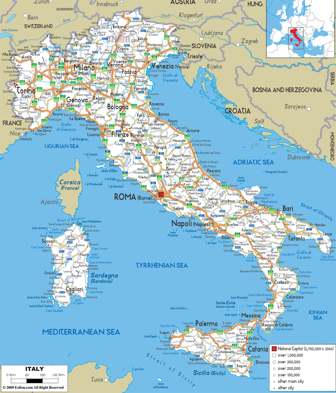 Large detailed road map of Italy with all cities and airports | Vidiani