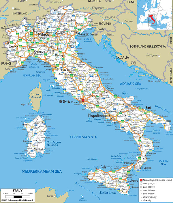 Large detailed road map of Italy with all cities and airports.