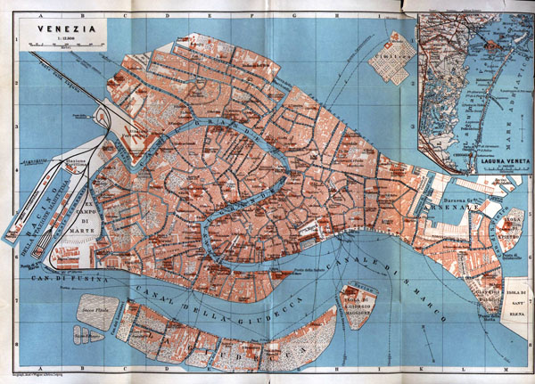 Large old map of Venice city center - 1913.