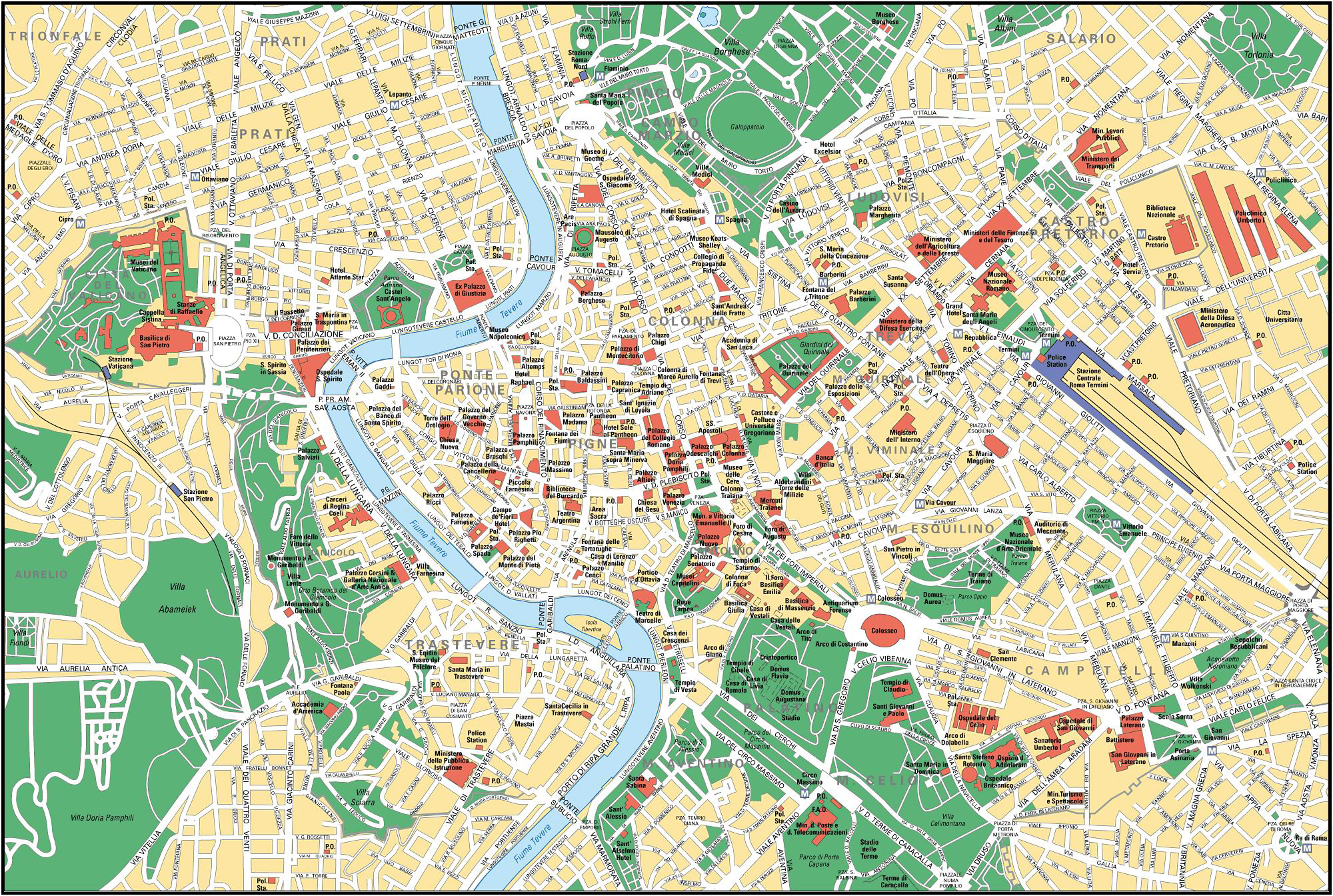 Large detailed street map of Rome city center. Rome city center large