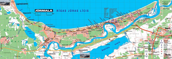 Detailed roads map of Jurmala with hotels.