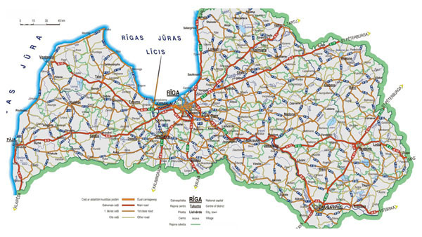 Large detailed roads and highways map of Latvia.