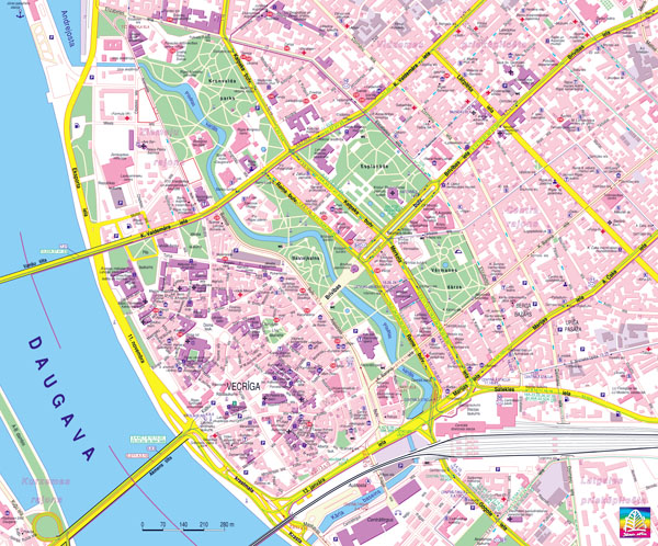 Detailed tourist map of central part of Riga city.