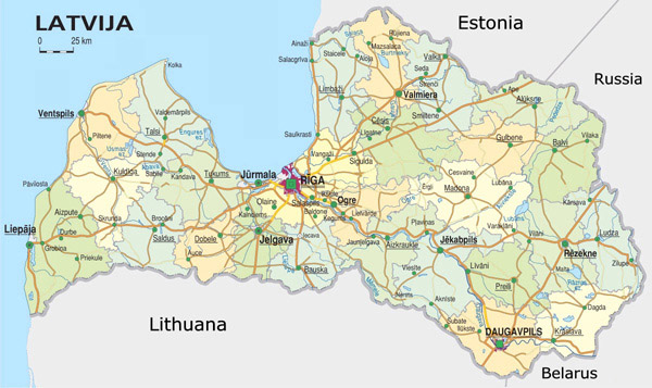 Road map of Latvia. Latvia road map.