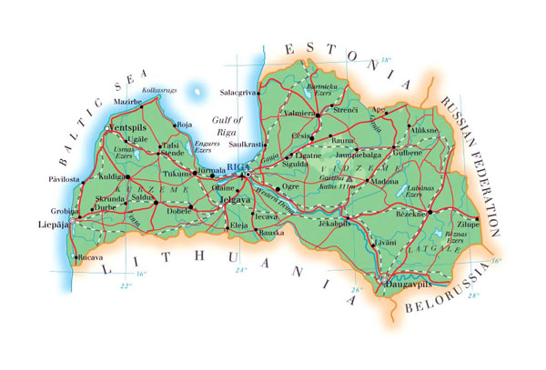 Roads map of Latvia with cities and airports.