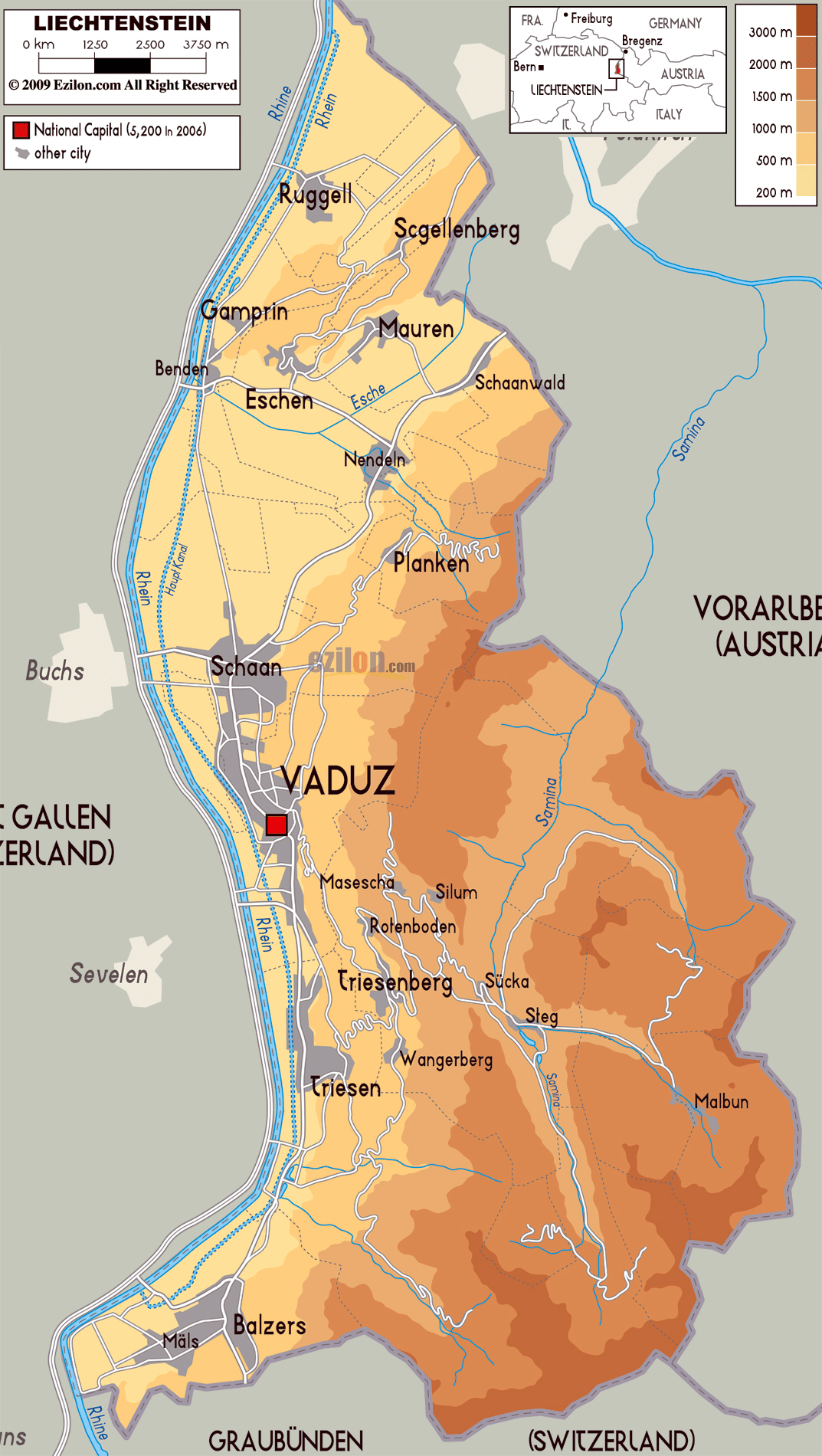 Large physical map of Liechtenstein with roads and cities | Vidiani.com