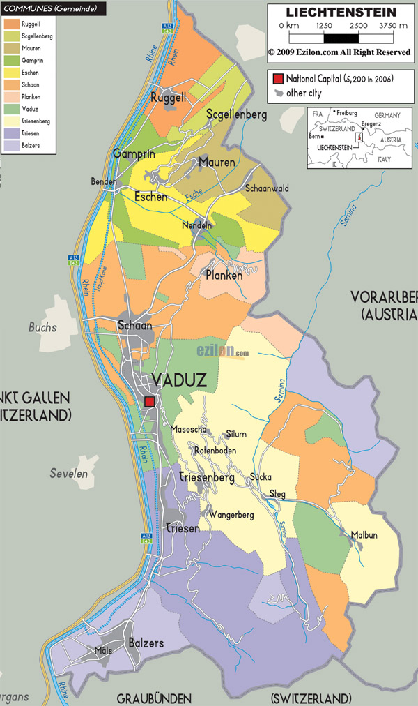 Large political and administrative map of Liechtenstein with roads and cities.