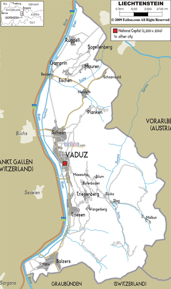 Large road map of Liechtenstein with cities.