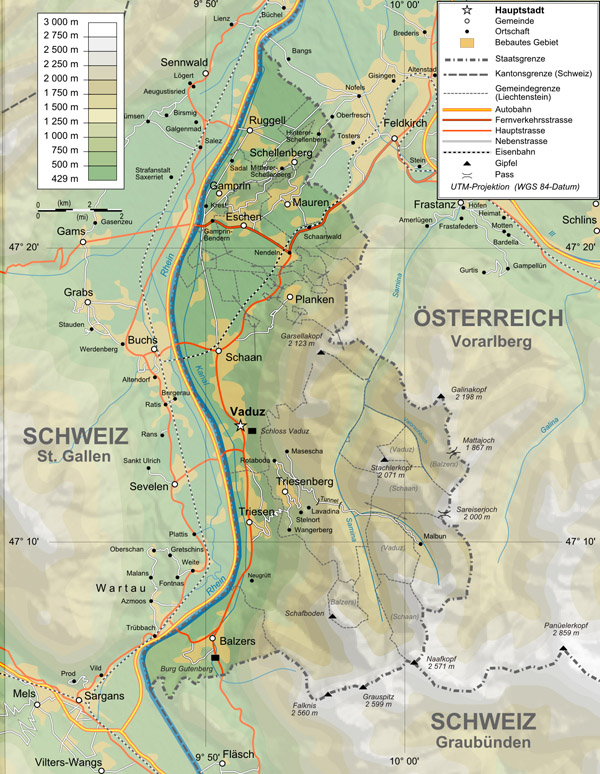 Topographical map of Liechtenstein. Liechtenstein topographical map.