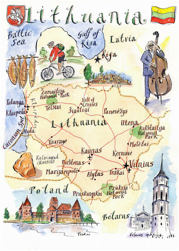 Detailed illustrated map of Lithuania.