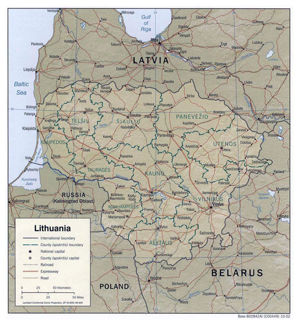 Detailed political and administrative map of Lithuania with relief, roads and cities.