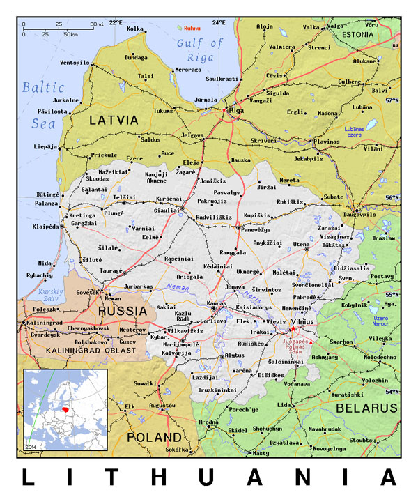 Detailed political map of Lithuania.