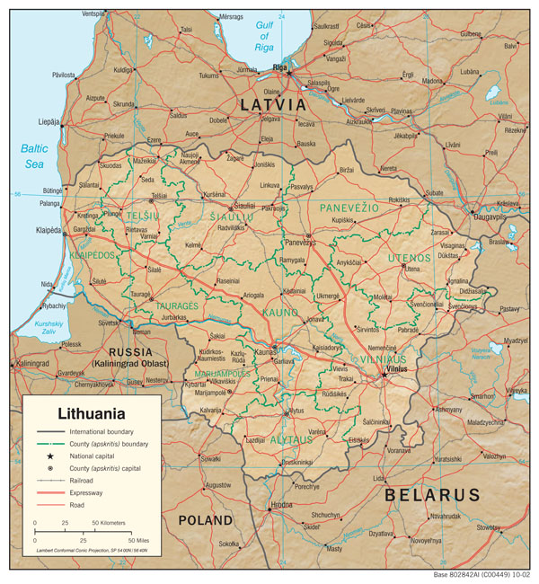 Large detailed political and administrative map of Lithuania with relief, roads and cities.