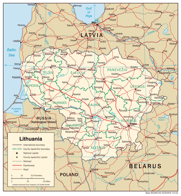 Large detailed political and administrative map of Lithuania with roads and cities.