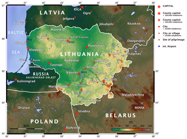 Large detailed topographical map of Lithuania.