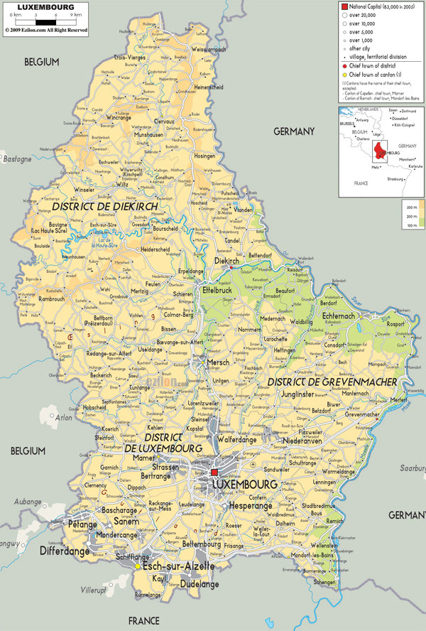 Large detailed physical map of Luxembourg with all roads, cities and airports.