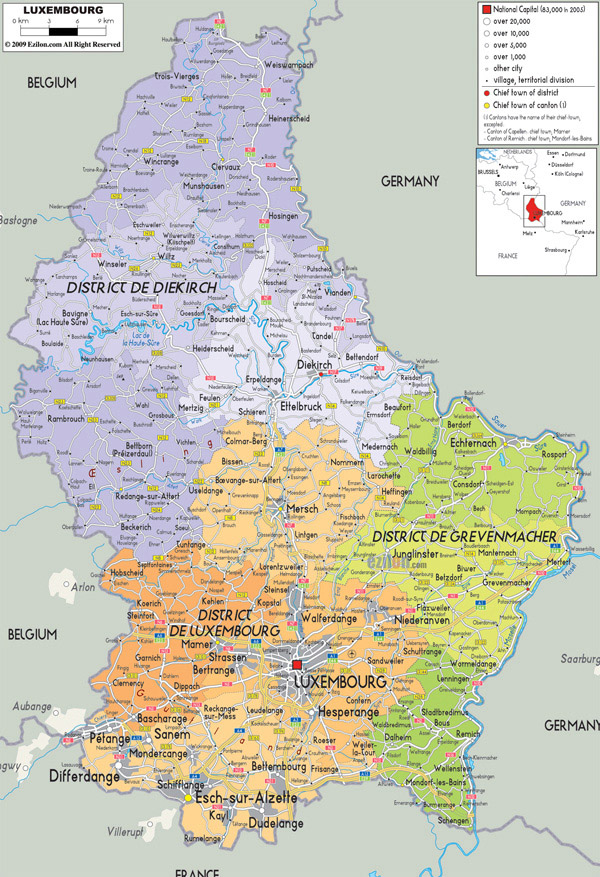 Large detailed political and administrative map of Luxembourg with all roads, cities and airports.