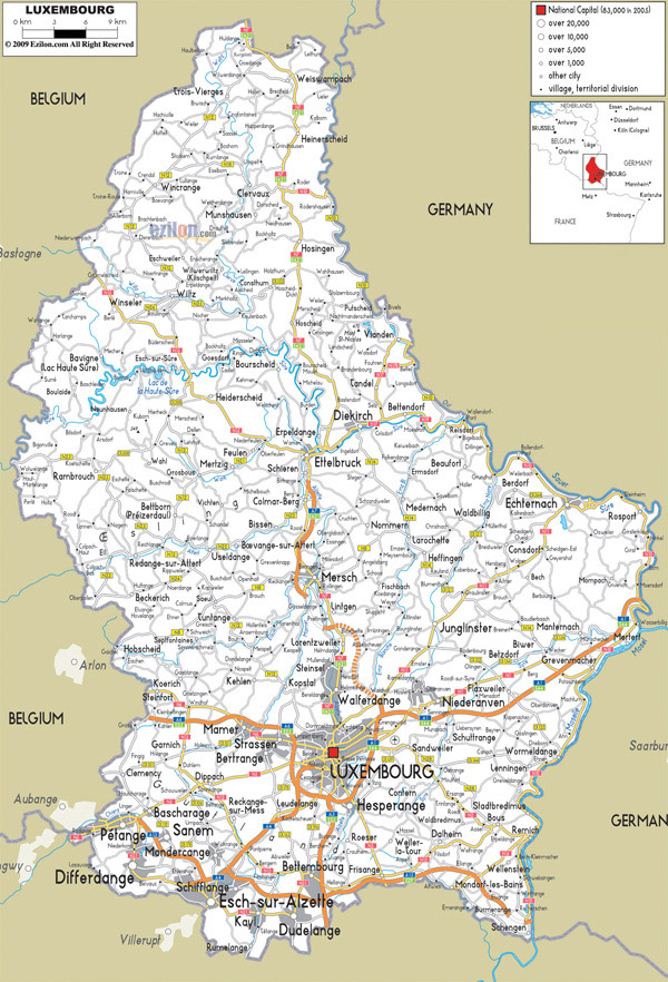 Large detailed road map of Luxembourg with all cities and airports.