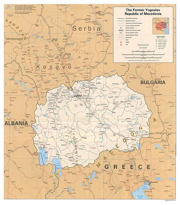 Large detailed political map of Macedonia with roads, cities and airports - 1994.