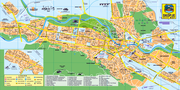 Large detailed road and travel map of Skopje.