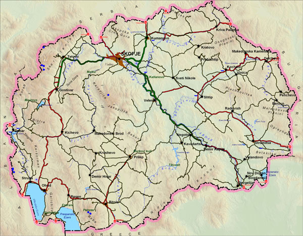 Large detailed road map of Macedonia with relief.
