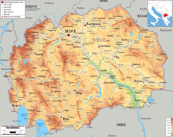 Large physical map of Macedonia with roads, cities and airports.