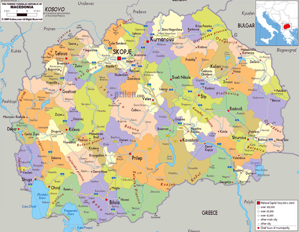 Large political and administrative map of Macedonia with roads, cities and airports.
