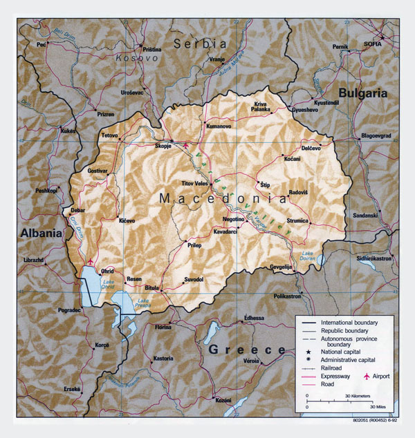 Large political map of Macedonia with relief, major roads, major cities and airports - 1992.