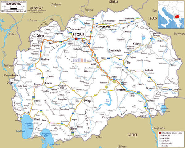 Large road map of Macedonia with cities and airports.