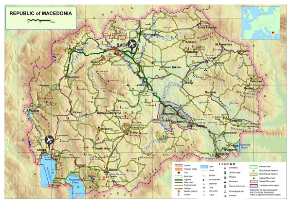 Large road map of Macedonia with relief, cities and airports.