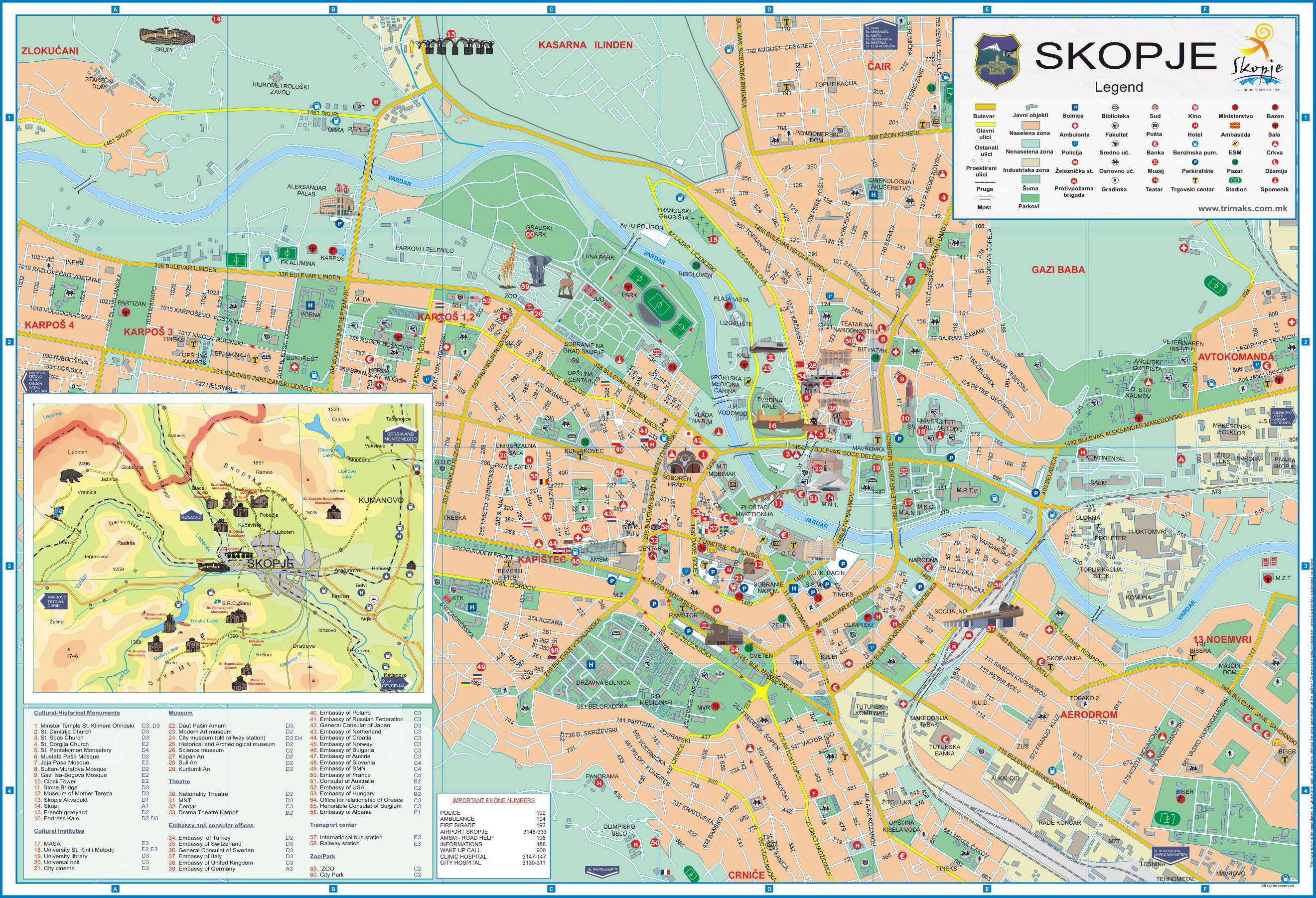 Large detailed tourist map of Skopje city. Skopje large detailed 