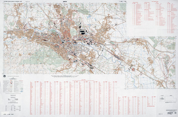 Large scale detailed topographical map Skopje city with roads and buildings.